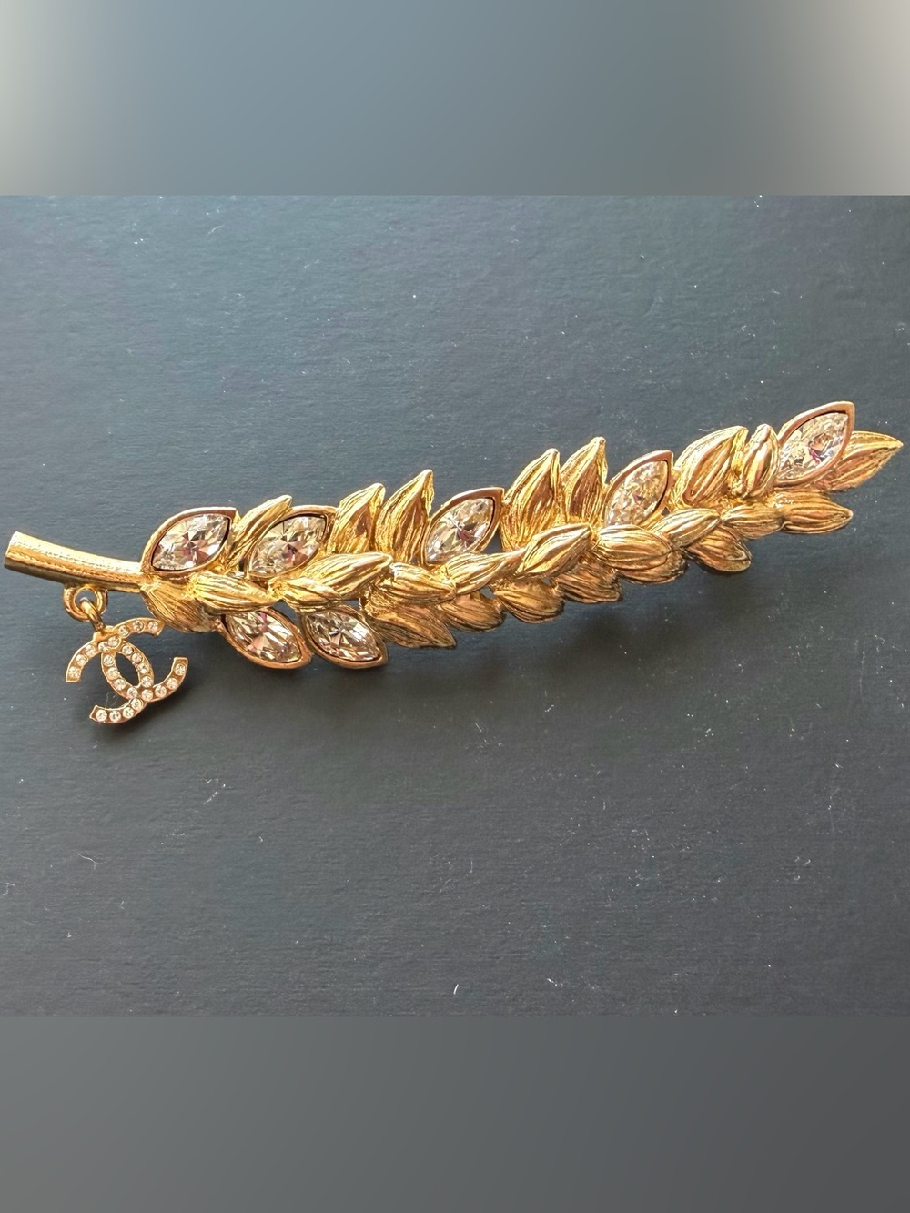 CHANEL Gold Leaf Drop Brooch with Clear Crystals